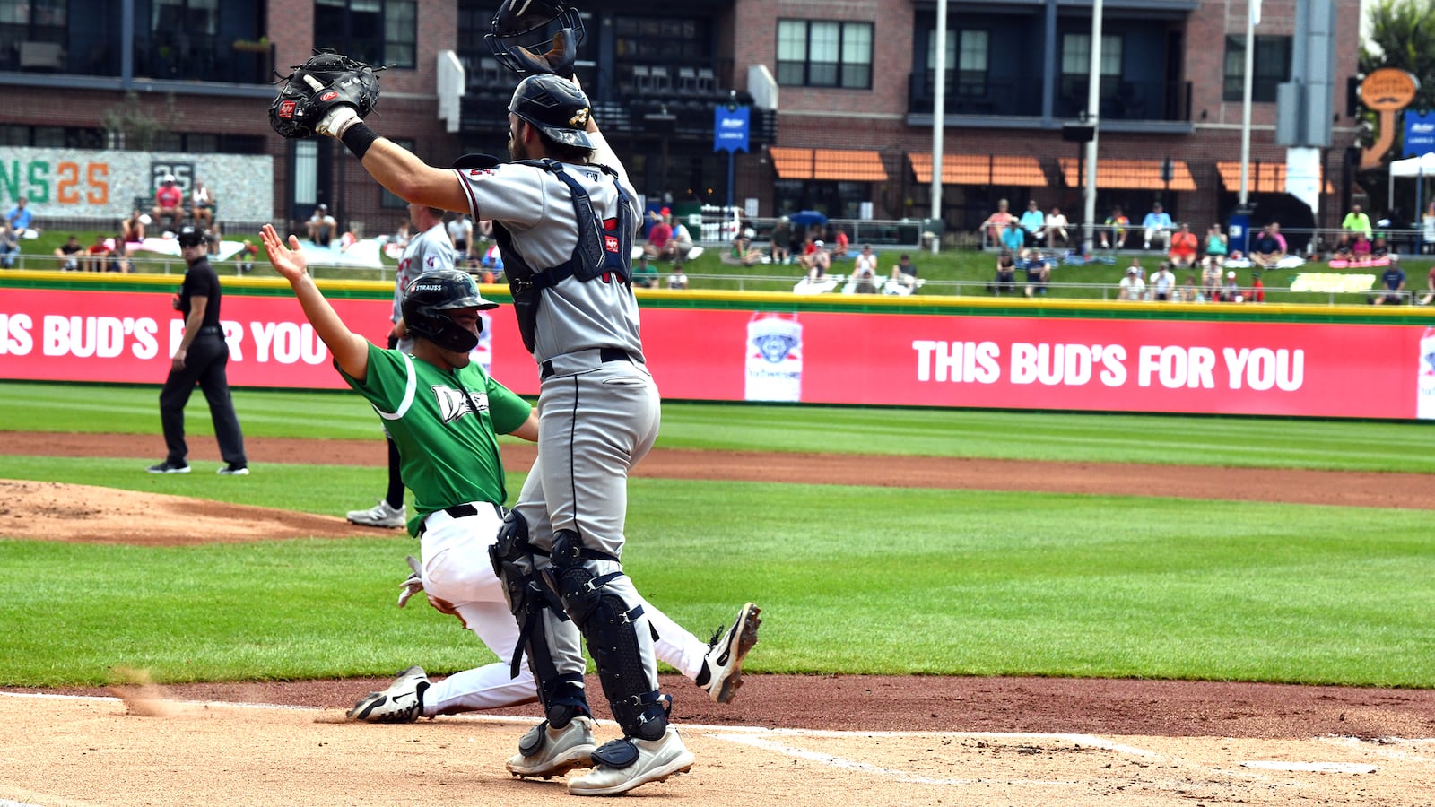 Anthony Stephan scores the Dragons second run of the first inning on an error off the bat of Carlos Sanchez. JEFF GILBERT/CONTRIBUTED