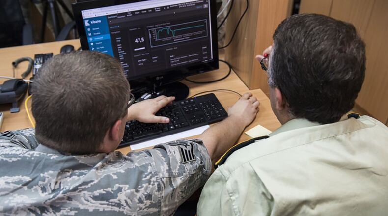 An U.S. Cyber Command Airman and a member of the Ministry of Defense of Montenegro, review simulated cyber threat information during Defensive Cooperation at Podgorica, Montenegro, Sept. 28, 2018. Defensive Cyber cooperation is part of U.S. Cyber Command and U.S. European Command effort to support NATO allies and European partners by helping build their cyber defense capabilities. This collaboration builds cyber defense capabilities while enabling the teams to learn from one another and demonstrates that we will not tolerate foreign malign influence on the democratic processes of our allies and partners or in the U.S. (U.S. Army photo/Spc. Craig Jensen)