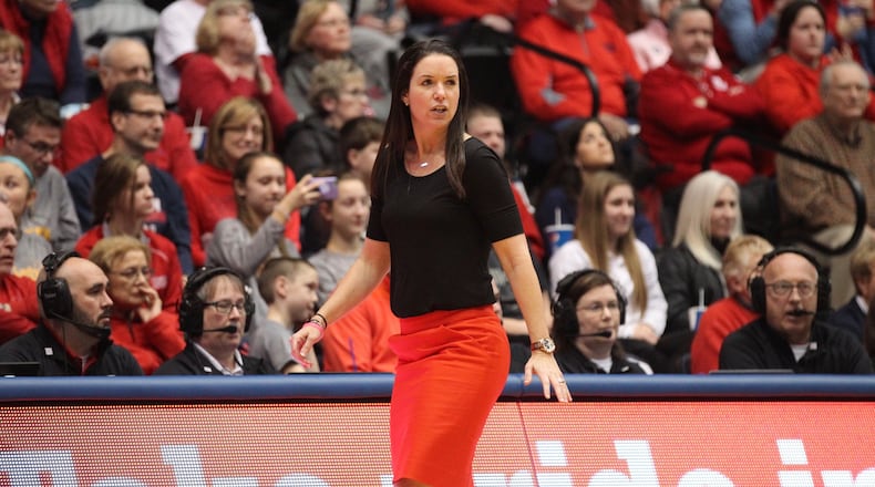 Dayton’s Shauna Green watches the action during a game against Duquesne on Jan. 31, 2018, at UD Arena. David Jablonski/Staff