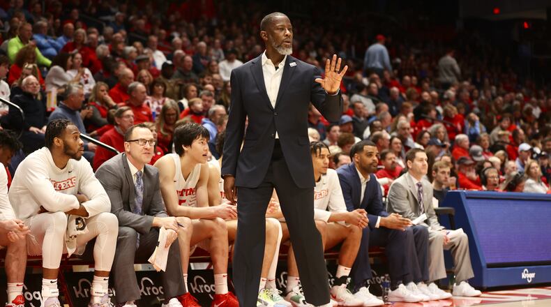 Dayton's Anthony Grant coaches during a game against Richmond on Saturday, Jan. 28, 2023, at UD Arena. David Jablonski/Staff