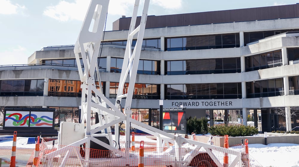 Ohio Department of Public Safety had a surveillance tower up Wednesday, Feb. 11, 2026, at Springfield City Plaza, following numerous bomb threats in Springfield. JOSEPH COOKE / STAFF