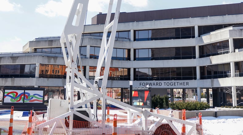 Ohio Department of Public Safety had a surveillance tower up Wednesday, Feb. 11, 2026, at Springfield City Plaza, following numerous bomb threats in Springfield. JOSEPH COOKE / STAFF