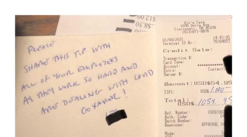 Cincinnati and Xavier fans and alumni have left numerous large tips to restaurant employees struggling during the coronavirus pandemic. The first large tip, $1,000, was left Jan. 9 at Zip’s Cafe. The man wrote on his napkin: “Please share this tip with all of your employees as they work so hard and are dealing  with COVID. Go Xavier!” PHOTO FROM ZIP'S CAFE FACEBOOK PAGE