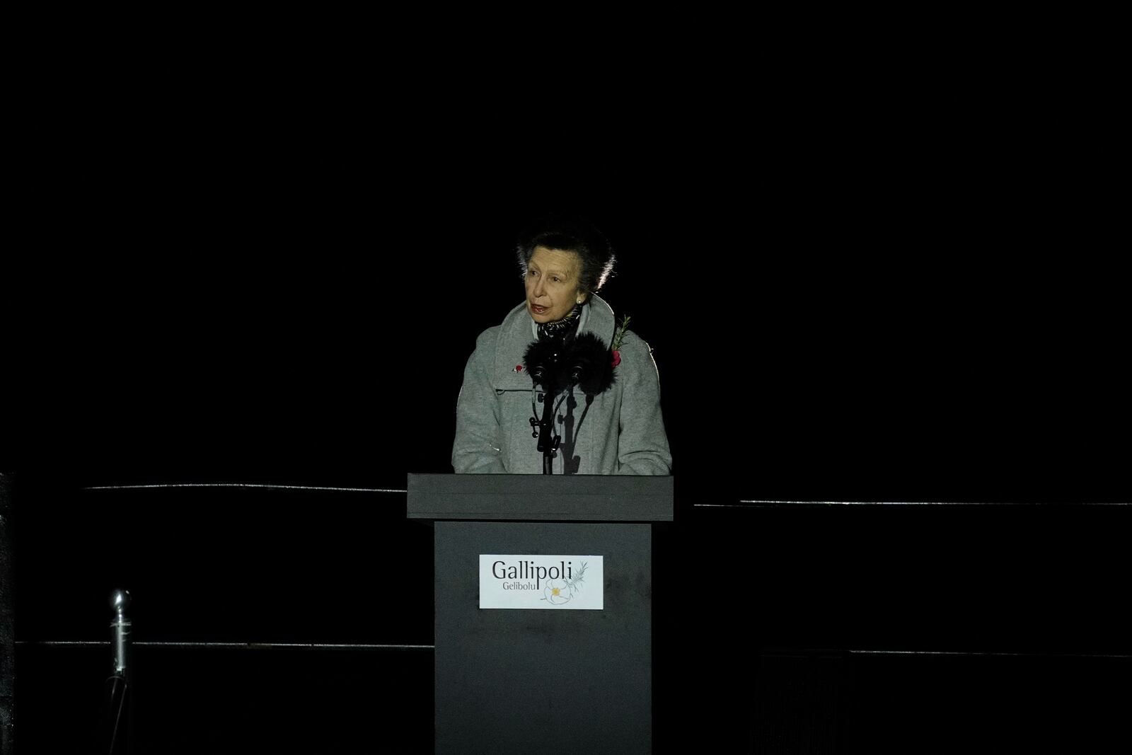 Britain's Princess Anne delivers a speech during the "Spirit of Place" ceremony and dawn service at Anzac Cove beach, the site of the April 25, 1915, World War I landing of the ANZAC (Australian and New Zealand Army Corps), on the Gallipoli Peninsula near Canakkale, Turkey, early Friday, April 25, 2025. (AP Photo/Emrah Gurel)