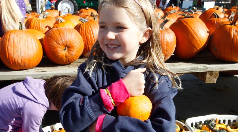 Ellia Strieter, 8, (front) and Raechel Meyers, 6, pick from a wide variety pumpkins during the Fall Farm Pumpkin Festival at Young’s Jersey Dairy.