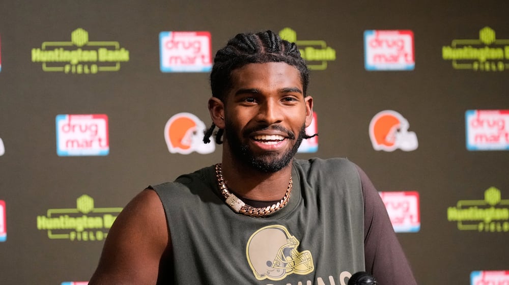 Cleveland Browns quarterback Shedeur Sanders responds to a question during a news conference after an NFL football game against the Baltimore Ravens in Cleveland, Sunday, Nov. 16, 2025. (AP Photo/Sue Ogrocki)