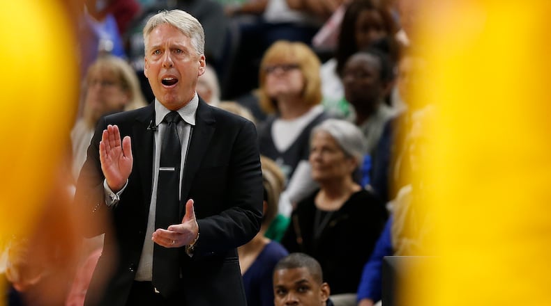 Los Angeles Sparks head coach Brian Agler looks out to his team in the second half of Game 1 of the WNBA basketball finals against the Minnesota Lynx, Sunday, Oct. 9, 2016, in Minneapolis. Los Angeles won 78-76. (AP Photo/Stacy Bengs)
