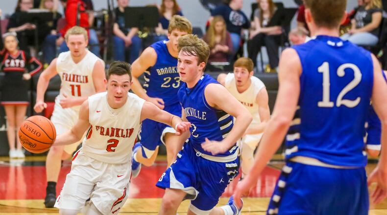 Franklin guard Payton Knott (2) drives up the court in a game against visiting Brookville on Feb. 7, 2017. GREG LYNCH/STAFF