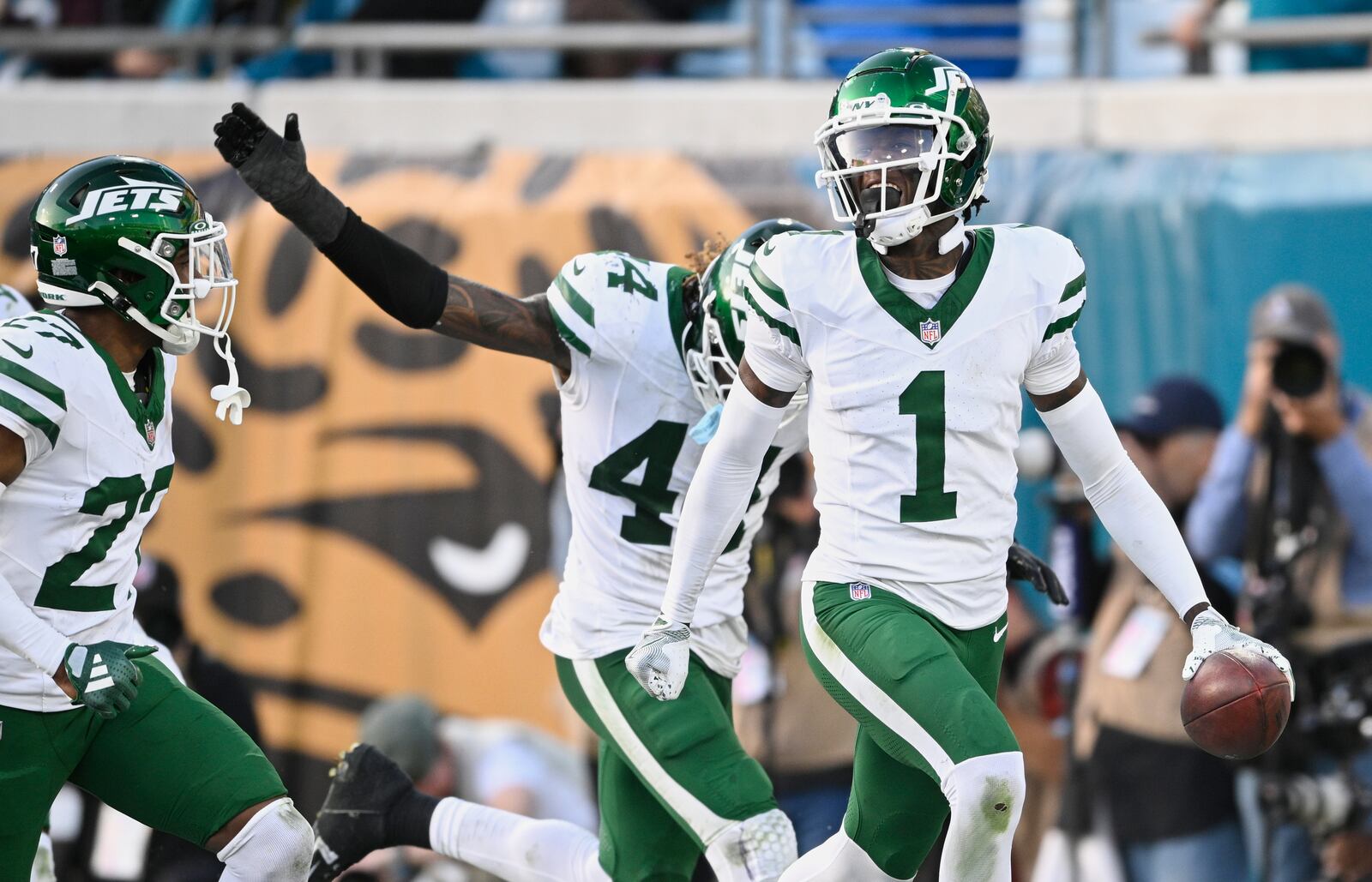 FILE - New York Jets cornerback Sauce Gardner (1) celebrates after intercepting a pass against the Jacksonville Jaguars during the second half of an NFL football game Sunday, Dec. 15, 2024, in Jacksonville, Fla. (AP Photo/Phelan M. Ebenhack, File)