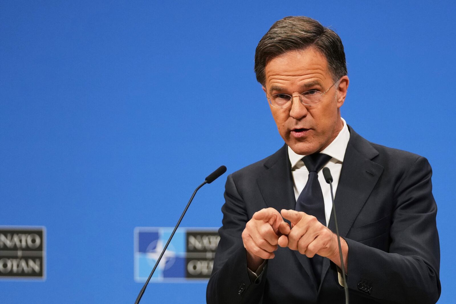 FILE - NATO Secretary General Mark Rutte speaks during a media conference prior to a meeting of the Ukraine Defense Contact Group at the NATO headquarters in Brussels, Wednesday, June 4, 2025. (AP Photo/Virginia Mayo, File)
