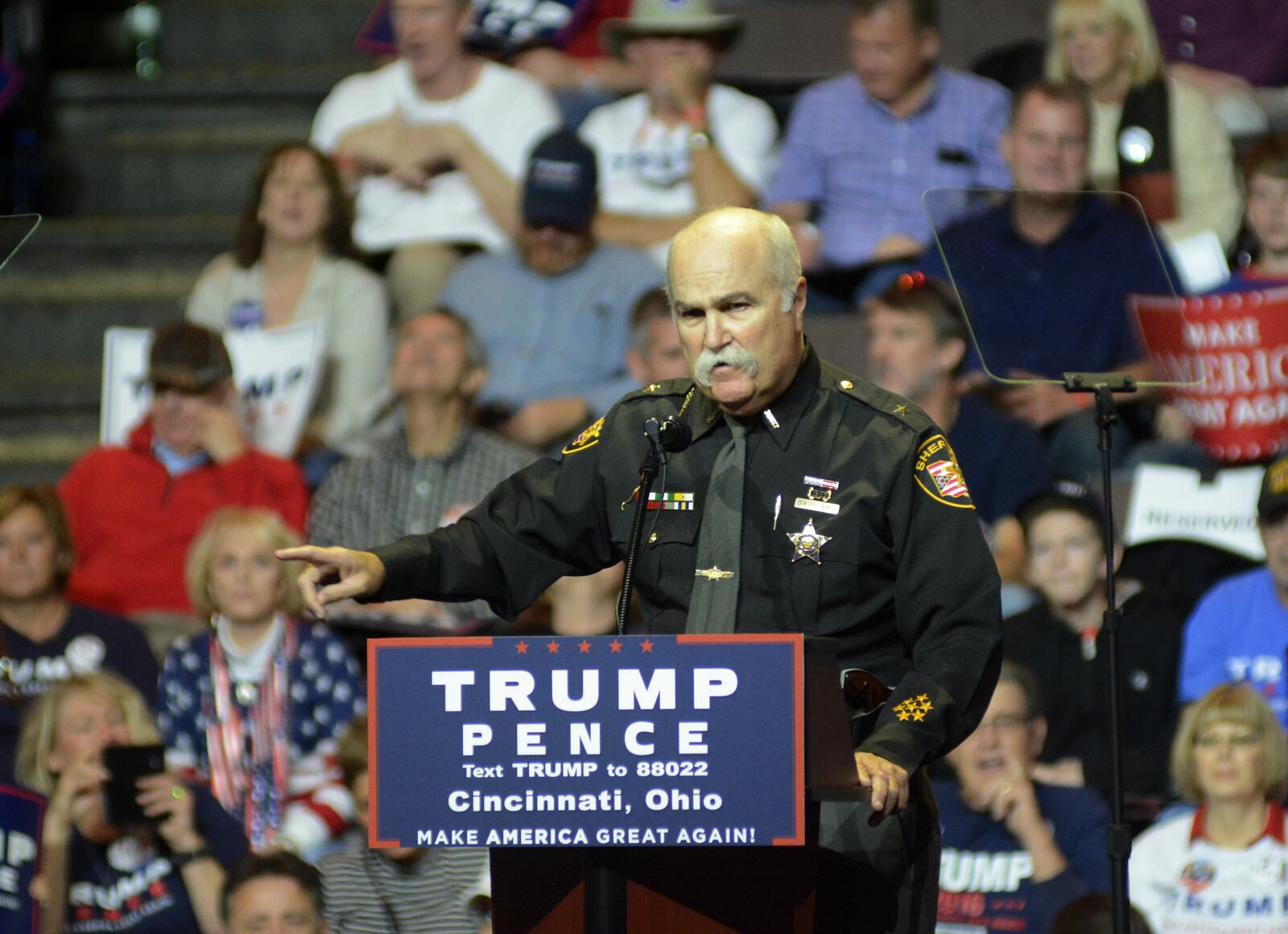 Butler County Sheriff Richard Jones spoke Oct. 13 before GOP presidential nominee Donald Trump addressed his supporters at U.S. Bank Arena in Cincinnati. MICHAEL D. PITMAN/STAFF