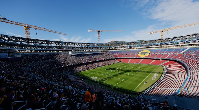 FILE - A general view of the Camp Nou stadium in Barcelona, Spain, on Nov. 7, 2025. (AP Photo/Joan Monfort, File)