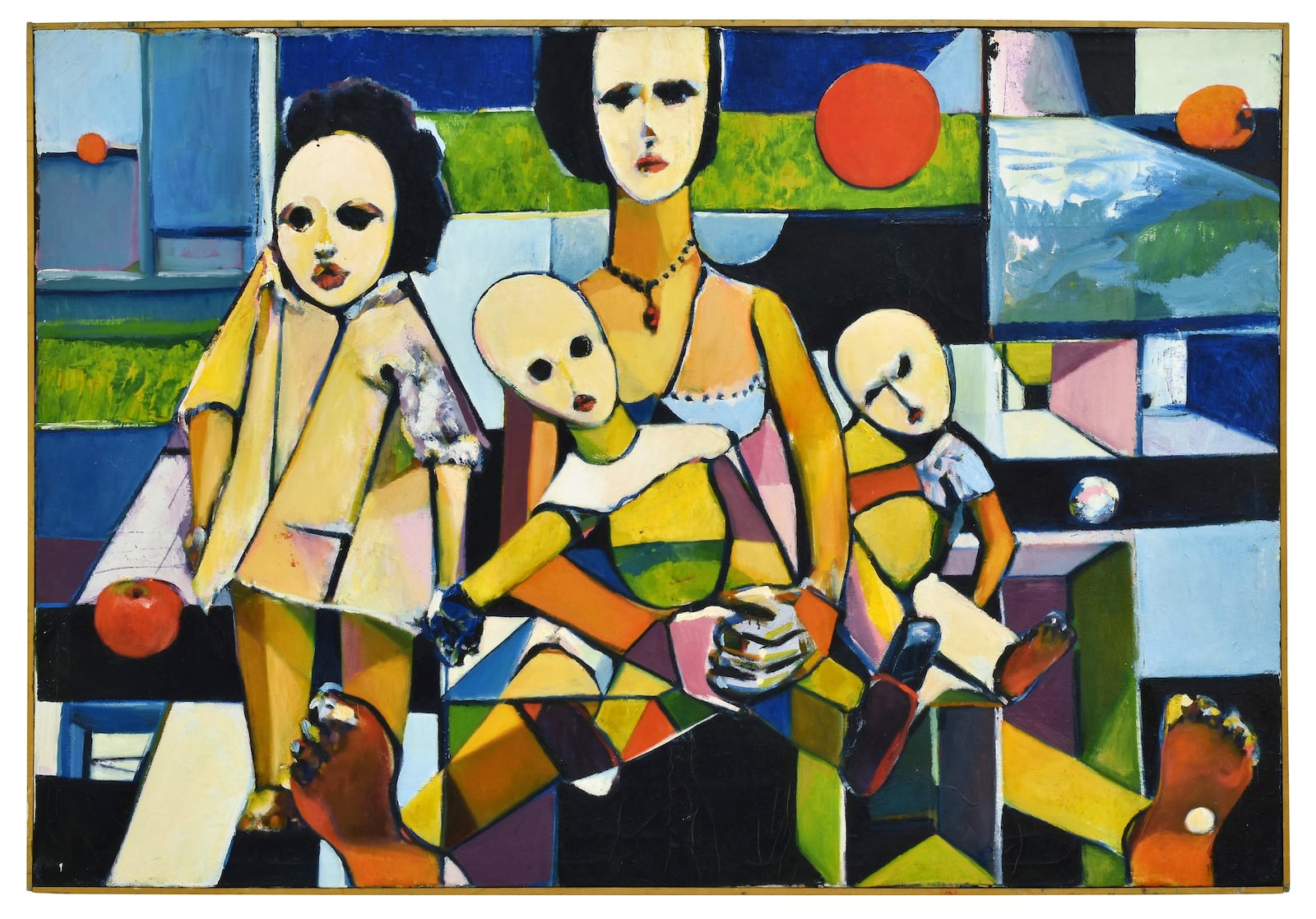 Doll-like figures make up this "family". The blank faces appear as masks, and the angular background is cubist-inspired. Curtis Barnes, Sr., Untitled (Nuclear Family), 1980, Oil on canvas. Courtesy of the Barnes Family. CONTRIBUTED
