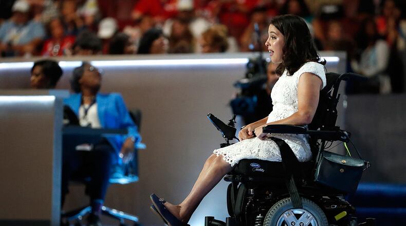 PHILADELPHIA, PA - JULY 25: Anastasia Somoza, an international disability rights advocate, delivers remarks on the first day of the Democratic National Convention at the Wells Fargo Center, July 25, 2016 in Philadelphia, Pennsylvania. An estimated 50,000 people are expected in Philadelphia, including hundreds of protesters and members of the media. The four-day Democratic National Convention kicked off July 25. (Photo by Aaron P. Bernstein/Getty Images)