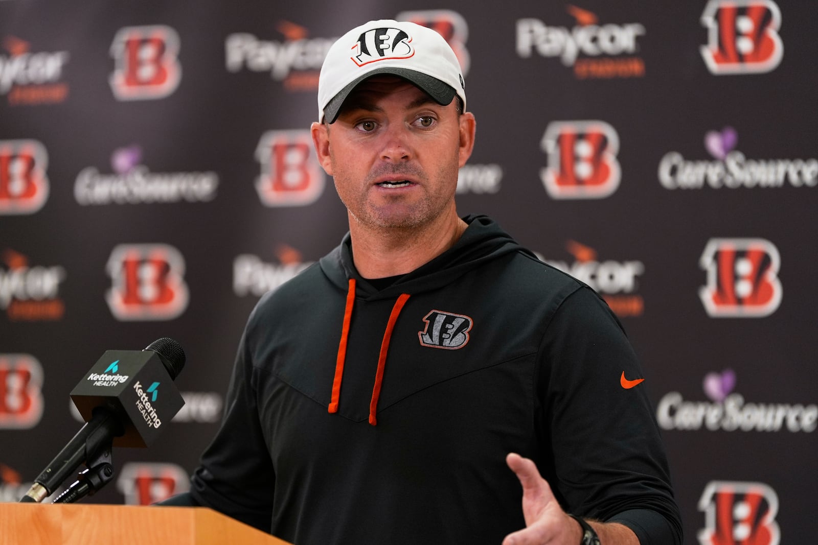 Cincinnati Bengals head coach Zac Taylor speaks during a news conferece after NFL football practice, Tuesday, May 20, 2025, in Cincinnati. (AP Photo/Carolyn Kaster)