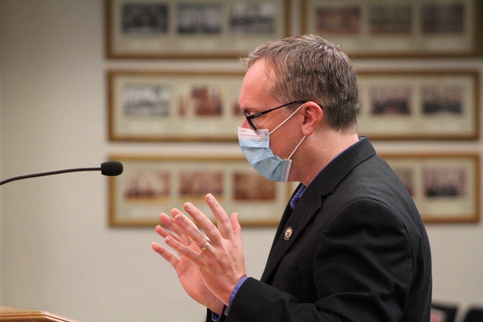 Tony Kroger, Dayton's division manager for planning and land use, discusses Stony Hollow Landfill's zoning request during a public hearing this month. CORNELIUS FROLIK / STAFF
