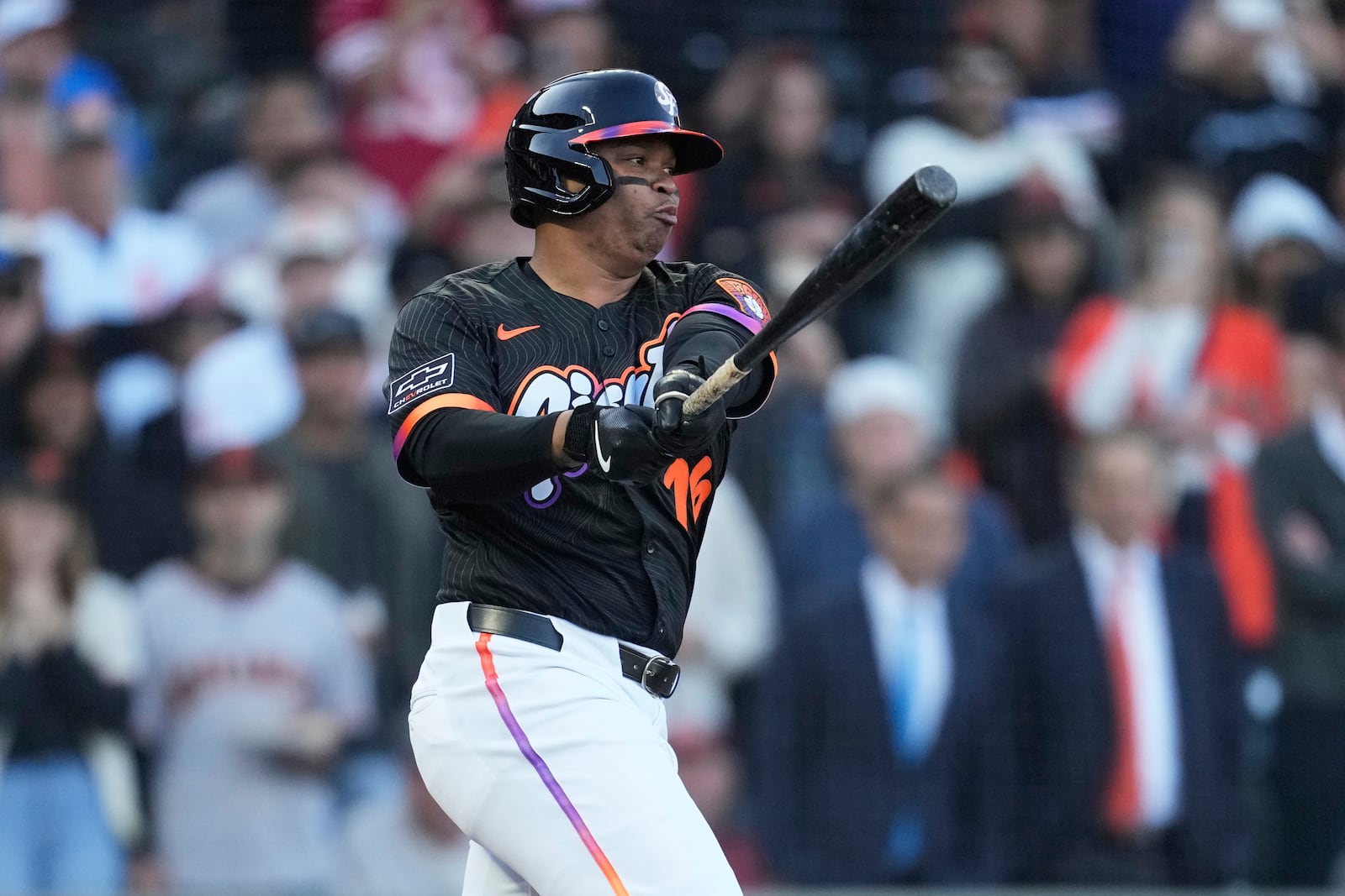 San Francisco Giants' Rafael Devers strikes out against the Cleveland Guardians during the first inning of a baseball game in San Francisco, Tuesday, June 17, 2025. (AP Photo/Jeff Chiu)