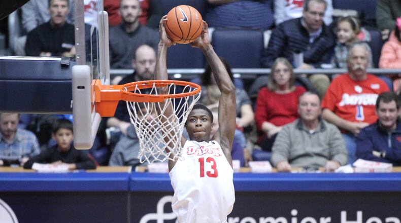 Dayton's Kostas Antetokounmpo dunks against Wagner on Saturday, Dec. 23, 2017, at UD Arena.