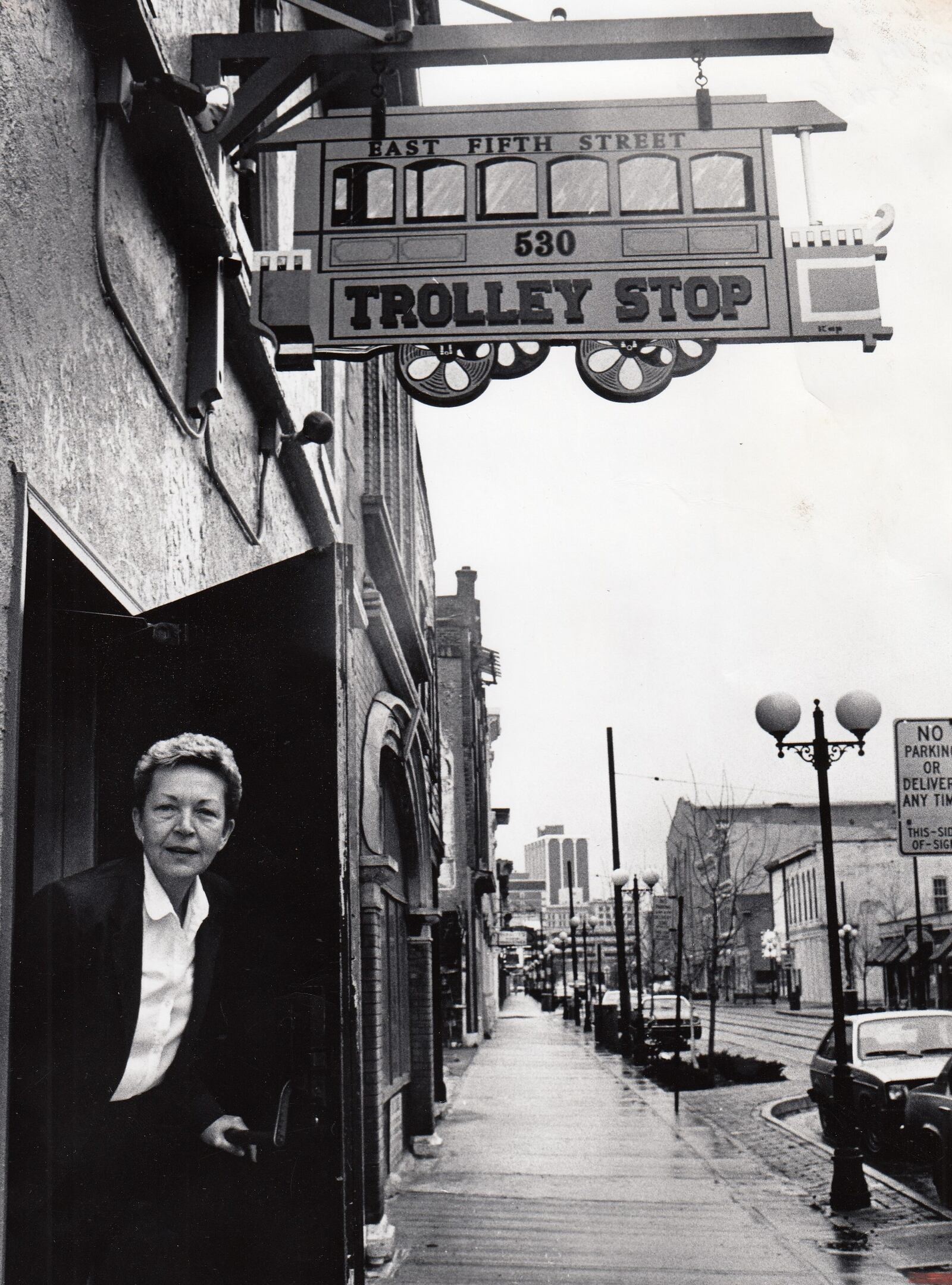 Trolley Stop founder Elizabeth Jo Thielen died Monday, Dec. 17. She looks out of the Trolley Stop's door in in a Dec. 4, 1981 photo by Charlie Steinbrunner
