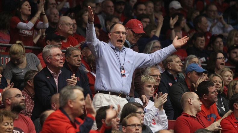 Dayton President Eric Spina reacts to a play during a game against Virginia Commonwealth on Wednesday, March 1, 2017, at UD Arena.