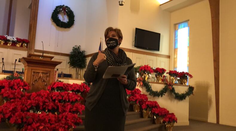 Dayton City Manager Shelley Dickstein at a community meeting Wednesday morning at North Dayton Baptist Church. Dickstein discussed the city's proposed spending plan for $138 million in federal rescue funds. CORNELIUS FROLIK / STAFF