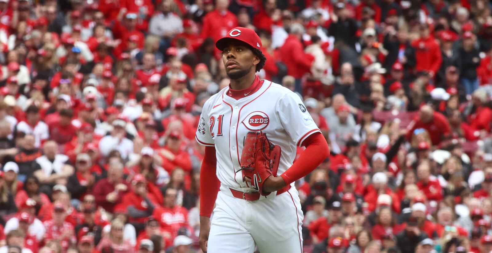 Reds starter Hunter Greene leaves the mound after an inning-ending strikeout against the Giants on Thursday, March 27, 2025, on Opening Day at Great American Ball Park in Cincinnati. David Jablonski/Staff