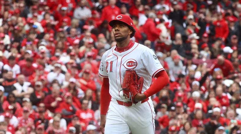 Reds starter Hunter Greene leaves the mound after an inning-ending strikeout against the Giants on Thursday, March 27, 2025, on Opening Day at Great American Ball Park in Cincinnati. David Jablonski/Staff