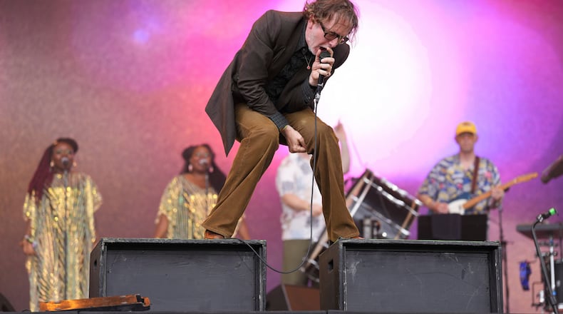 FILE - Jarvis Cocker, of the rock band Pulp, performs during the Glastonbury Festival in Worthy Farm, Somerset, England, June 28, 2025. (Scott A Garfitt/Invision/AP, File)