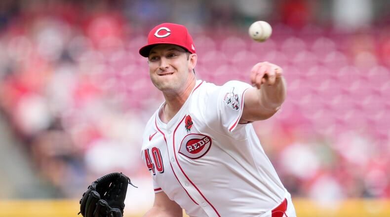 Cincinnati Reds pitcher Nick Lodolo throws during the first inning of a baseball game against the St. Louis Cardinals, Monday, May 27, 2024, in Cincinnati. (AP Photo/Jeff Dean)