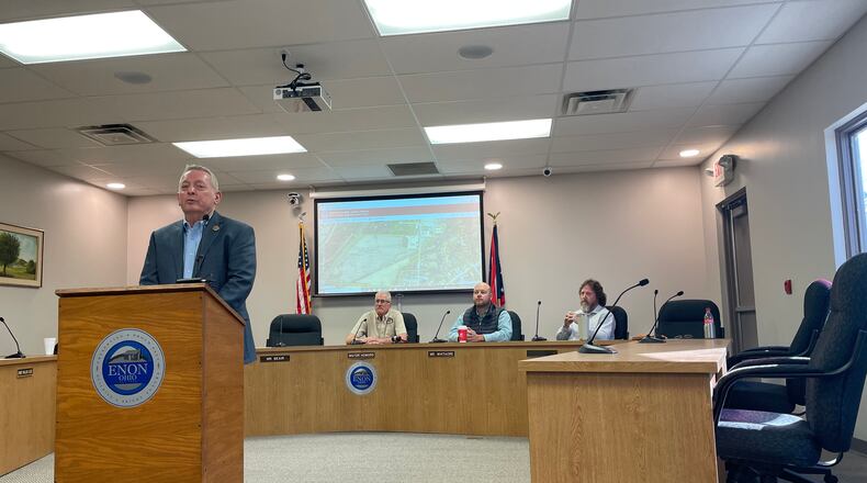 Leaders of the Village of Enon and Mad River Twp. met on Friday at the Enon Government Center to announce the recent purchase of land intended for a future sports complex.