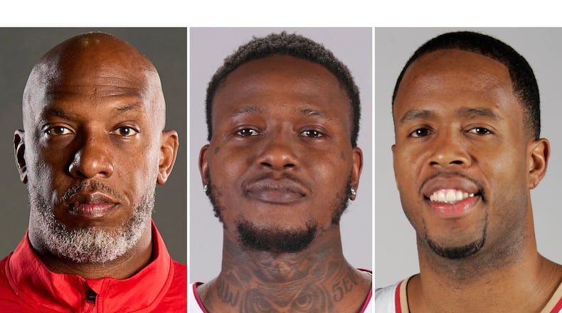FILE - This combo of images shows, from left, Portland Trail Blazers head coach Chauncey Billups, Miami Heat guard Terry Rozier and former Cleveland Cavaliers' Damon Jones. (AP Photo/File)