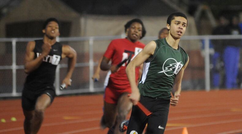 Northmont junior Xavier Marable anchors the Thunderbolts to an 800-meter sprint medley win (1:34.17) during the Wayne Warriors T&F Inv. at Huber Heights on Tuesday, April 4, 2017. MARC PENDLETON / STAFF