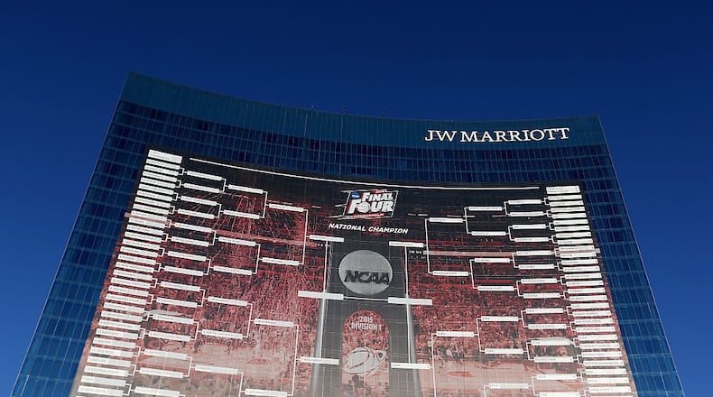 INDIANAPOLIS, IN - APRIL 01:  A 165-foot tall NCAA Men's Basketball Tournament bracket is seen on the JW Marriott Indianapolis leading up to the 2015 Final Four at Lucas Oil Stadium on April 1, 2015 in Indianapolis, Indiana. The bracket is 44,000 square-feet. (Photo by Streeter Lecka/Getty Images)
