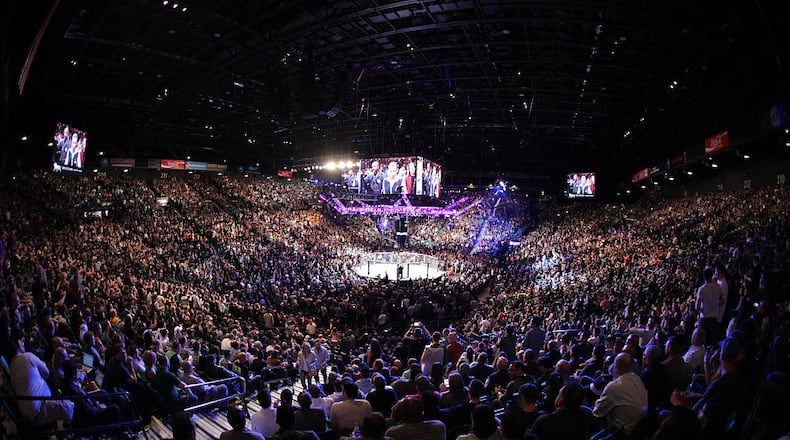LAS VEGAS, NV - MARCH 5: Miesha Tate enters the octagon for her bout against UFC bantamweight champion Holly Holm during UFC 196 at the MGM Grand Garden Arena on March 5, 2016 in Las Vegas, Nevada. (Photo by Rey Del Rio/Getty Images)