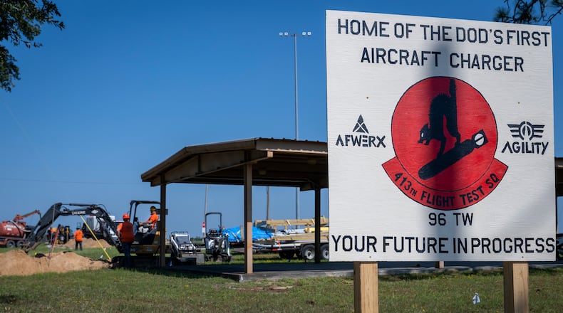 Construction begins on DOD’s first ever electric aircraft charging station Sept. 19 at Eglin Air Force Base, Florida. (U.S. Air Force photo/Samuel King Jr.)