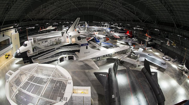 An overhead interior view of the fourth building at the National Museum of the U.S. Air Force. The fourth building includes more than 70 aircraft in four new galleries – Presidential, Research & Development, Space and Global Reach. (U.S. Air Force photo/Ken LaRock)