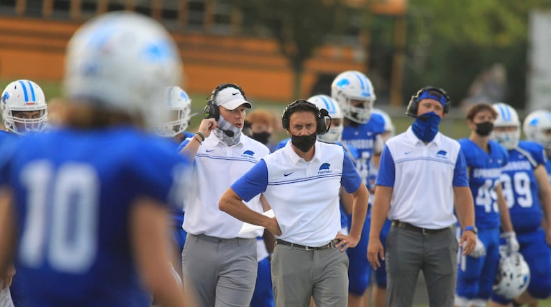 Springboro's Ryan Wilhite coaches during a game against Northmont on Friday, Aug. 28, 2020, at CareFlight Field in Springboro. David Jablonski/Staff
