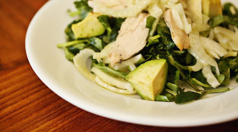 The combination of fennel and watercress make for a refreshing entree salad in this Watercress, Arugula Fennel Salad with Grilled Chicken recipe. (Juli Leonard/Raleigh News & Observer/TNS)