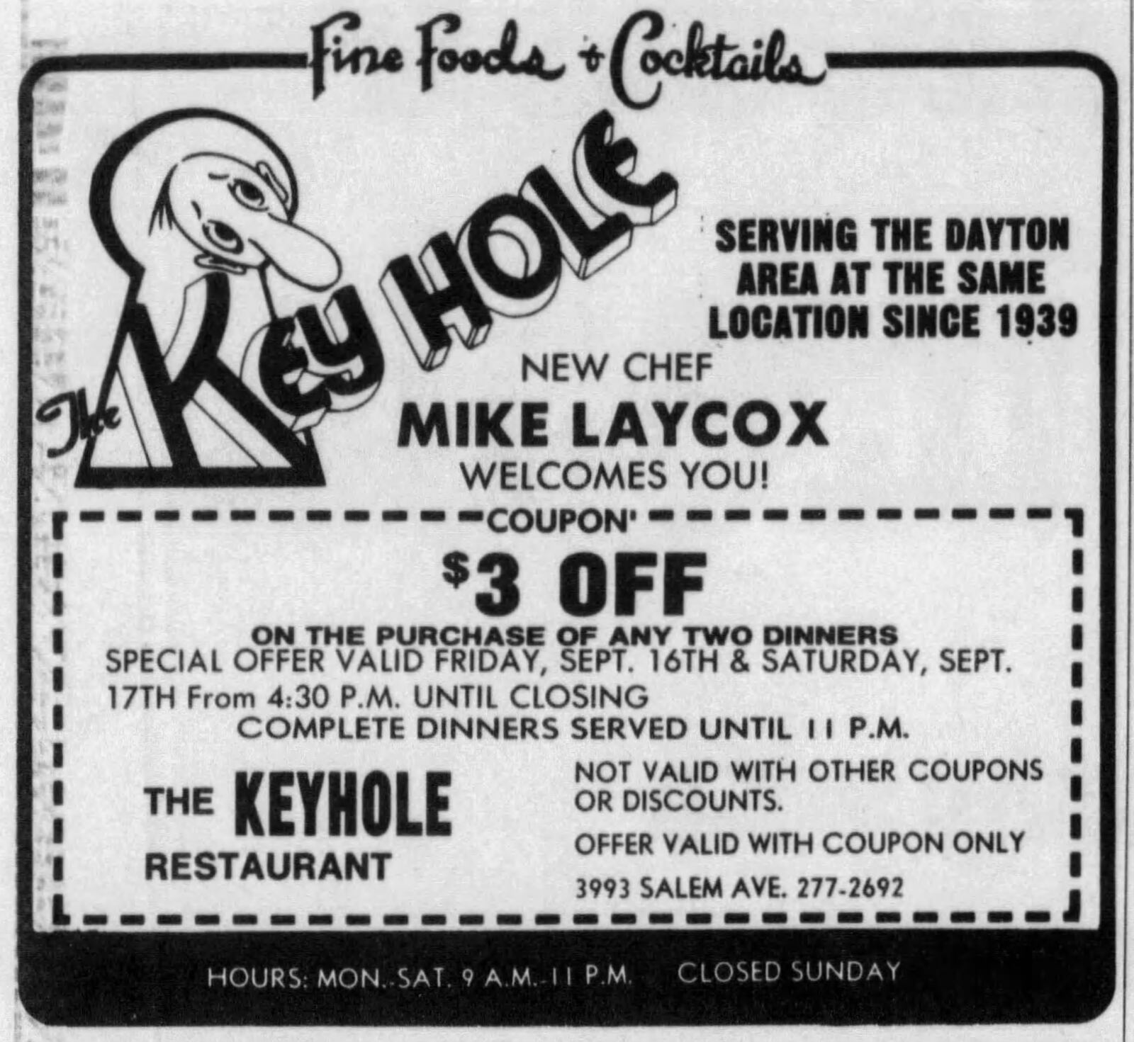 Keyhole restaurant advertisement 1988. DAYTON DAILY NEWS ARCHIVES