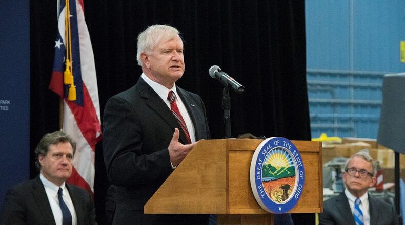 Jack Blackhurst, Air Force Research Laboratory executive director, speaks as U.S. Rep. Mike Turner (left) and Ohio Gov. Mike DeWine listen on April 26 at the announcement that the Federal Aviation Administration has granted a certificate of waiver or authorization to AFRL for beyond visual line of sight flights of unmanned aerial systems during an event at the Springfield-Beckley Municipal Airport. The project took the cooperation of several federal and state agencies to reach the approval stage. (U.S. Air Force photo/ R.J. Oriez)
