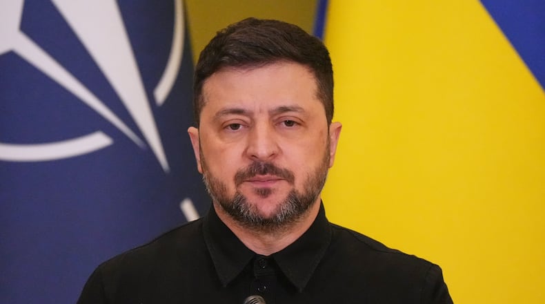 Ukrainian President Volodymyr Zelenskyy attends a joint news conference with NATO Secretary General Mark Rutte in Kyiv, Ukraine, Tuesday, Feb. 3, 2026. (AP Photo/Sergei Grits)