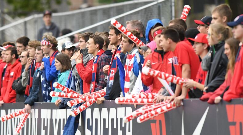 Dayton fans cheer during a game against Western Illinois on Sept. 1, 2017, at Baujan Field in Dayton. Photo by Erik Schelkun