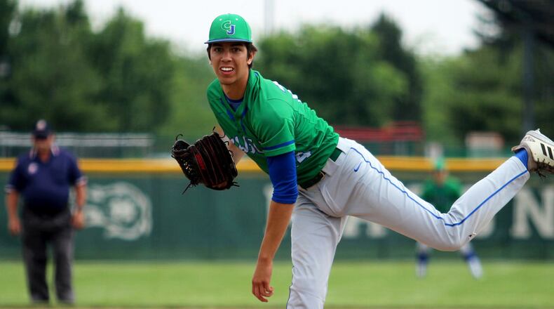 Chaminade Julienne lefty Sebastian Gongora delivers a pitch Sunday during the Eagles’ 6-0 win over Ross in a Division II regional baseball final at Mason. MIKE HARTSOCK/STAFF