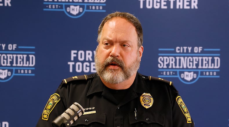 Springfield Police Chief Lee Graf answers questions at a press conference earlier this year. Graf is retiring at the end of 2022, and a search is underway for his replacement. BILL LACKEY/STAFF