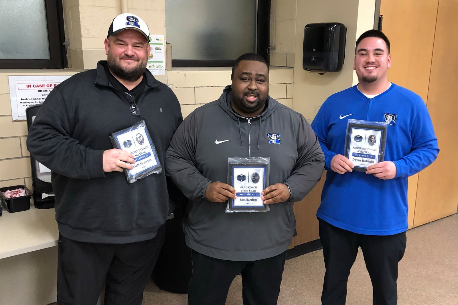 Xenia head coach Maurice Harden is the MVFCA Coach of the Year in D-II, and had assistants Matt Shawver and Devin Hatfield also honored. CONTRIBUTED MVFCA