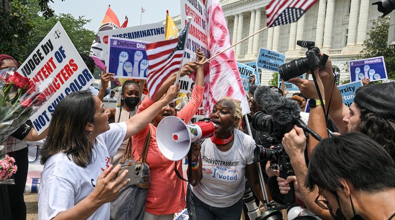 Protesters for and against affirmative action demonstrate outside the U.S. Supreme Court in Washington, June 29, 2023. The Supreme Court on Thursday ruled that the race-conscious admissions programs at Harvard and the University of North Carolina were unlawful, curtailing affirmative action at colleges and universities around the nation, a policy that has long been a pillar of higher education. (Kenny Holston/The New York Times)