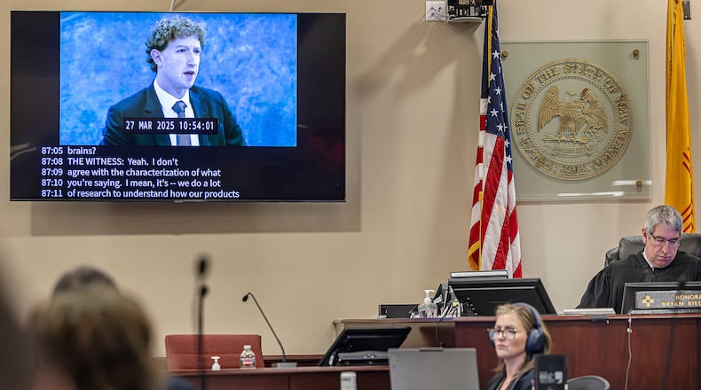 A recording of Meta Founder and CEO Mark Zuckerberg's deposition is played for the jurors on Wednesday, March 4, 2026, in Santa Fe, N.M. (Jim Weber/Santa Fe New Mexican via AP, Pool)