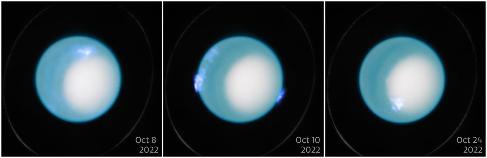 This image provided by ESA/Hubble showcases 3 frames from the NASA/ESA Hubble Space Telescope of the dynamic aurora on Uranus in Oct. 2022. (ESA/Hubble via AP)