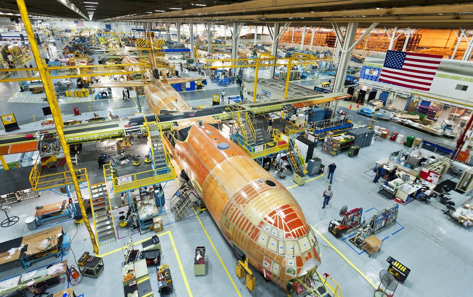 The production line for the C-130J Super Hercules aircraft at the Lockheed Martin plant in Cobb County. The U.S. government has placed an order for 78 of the airplanes. Photo: Lockheed Martin