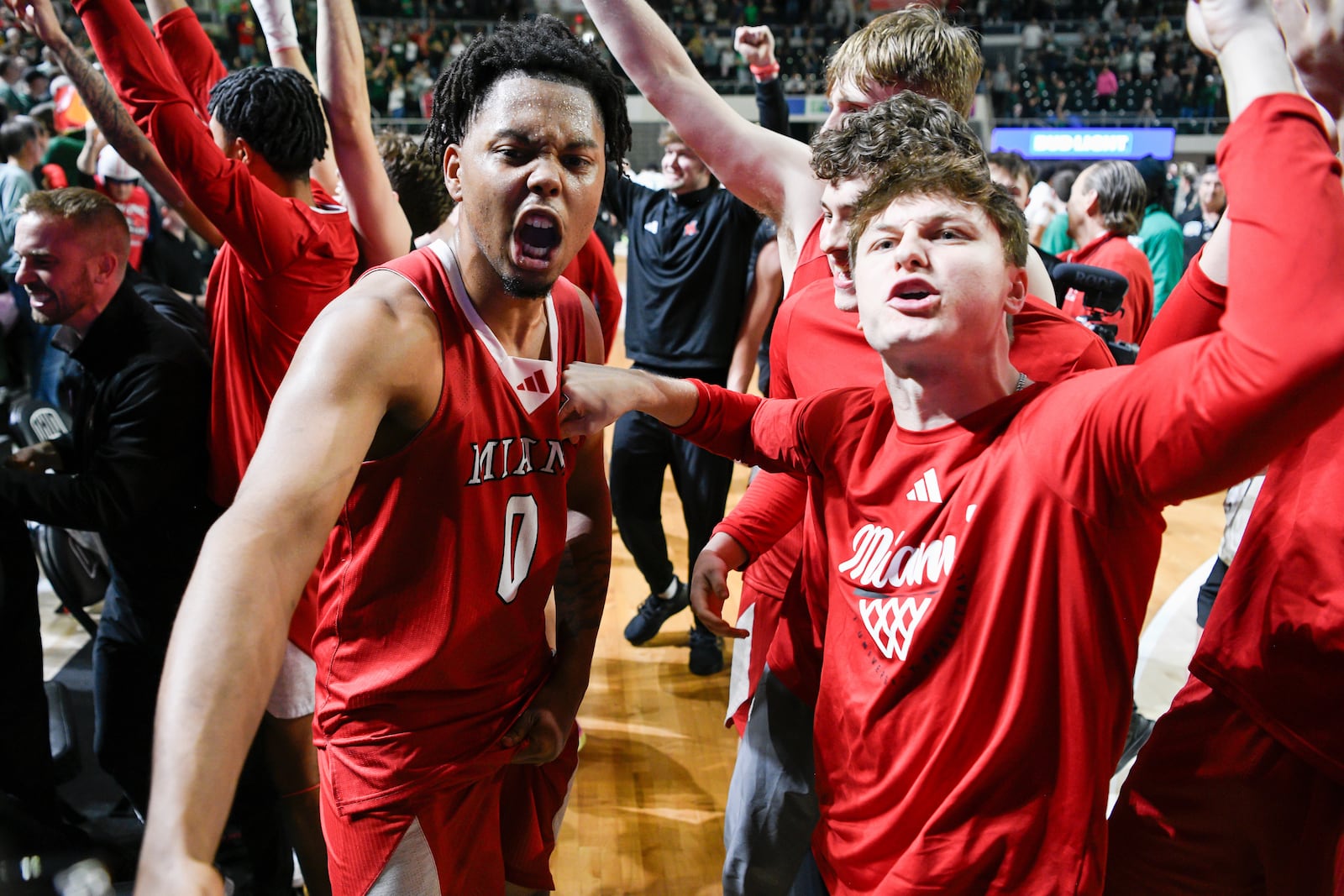 Miami (Ohio) players react after defeating Ohio in an NCAA college basketball game, Friday, March 6, 2026, in Athens, Ohio. (AP Photo/HG Biggs)